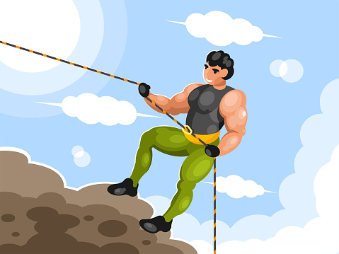Side view of rock climber at sunrise climbing a mountain. Vector graphics