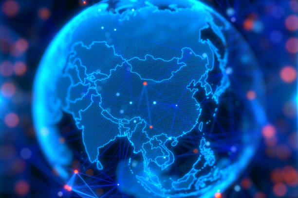 istock China on blue holographic globe with nodes connected around earth. 2148034203