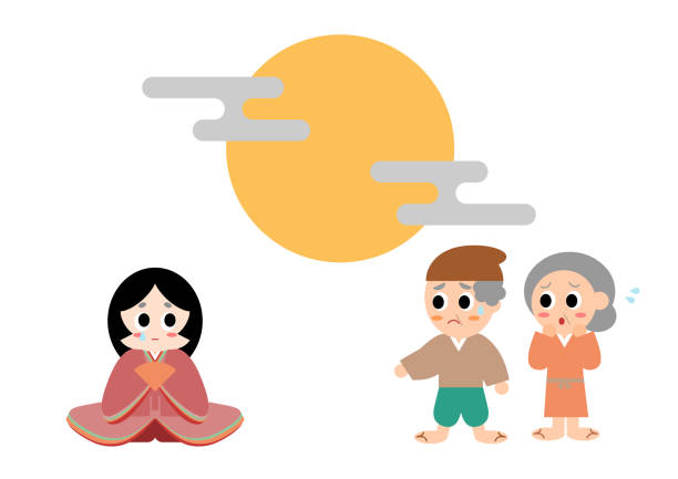 Vector illustration of Princess Kaguya. Well-known folktale in Japan. Vector illustration of Princess Kaguya. Well-known folktale in Japan. Princess Kaguya looks up at the moon and cries. An elderly couple looking at Princess Kaguya with worry. clip art of a old man crying stock illustrations