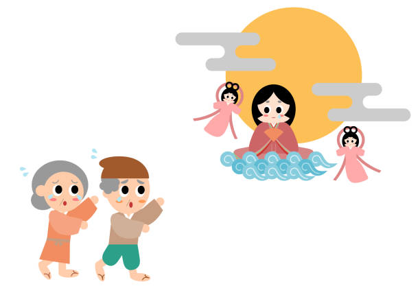 Vector illustration of Princess Kaguya. Well-known folktale in Japan. Vector illustration of Princess Kaguya. Well-known folktale in Japan. Princess Kaguya returns to the moon. An elderly couple crying and hating parting ways. clip art of a old man crying stock illustrations