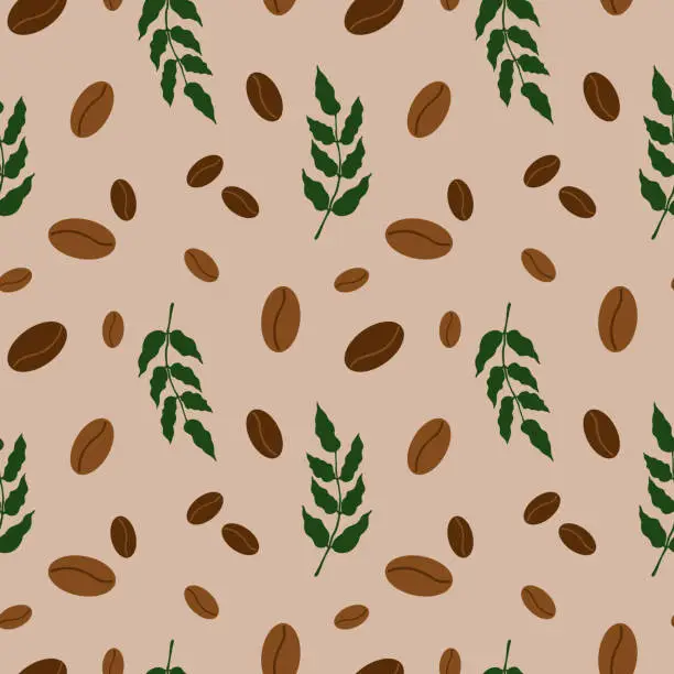 Vector illustration of Coffee beans and coffee tree branch seamless pattern. Hand drawn Arabica plant, repeating background flat vector illustration. Texture rapport for textile, print, wrapping, card, template, paper