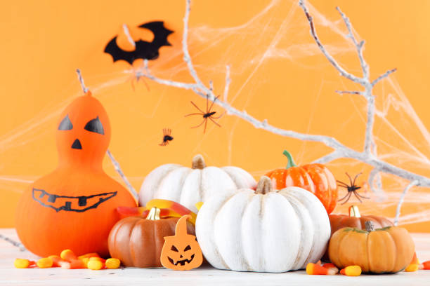 istock Halloween pumpkins, candies, tree branches, spiders and paper bat on orange background 2148036723