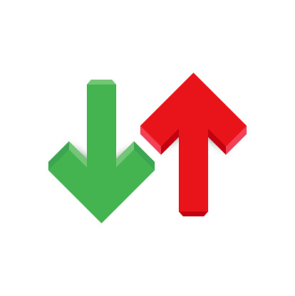 Up and down green and red arrows that showing rising and falling trends of the market. Vector illustration.