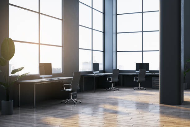 istock New spacious dark coworking office interior with panoramic windows and city view. Workplace concept. 3D Rendering. 2148038893