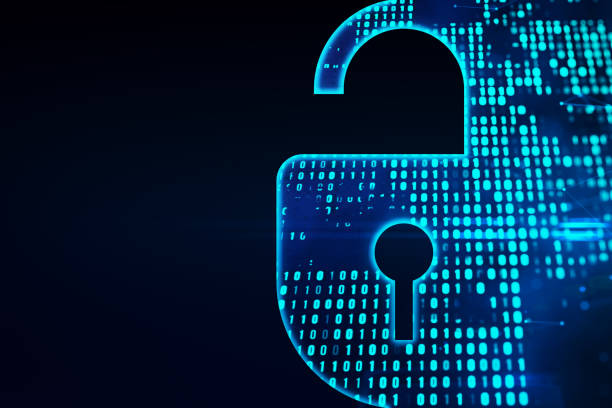istock Creative digital blue padlock on dark background with mock up place. Safety and web protection concept. 3D Rendering. 2148039050