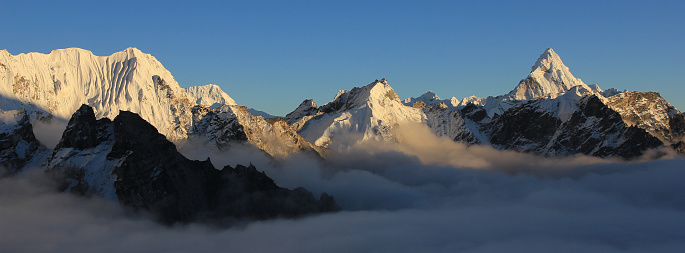 Snow covered peaks seen from Kala Patthar, Nepal.