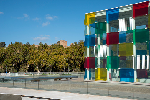 Malaga Andalusia Spain on November 5, 2023.  Cityscape of Malaga port, with Centre Pompidou Malaga museum.