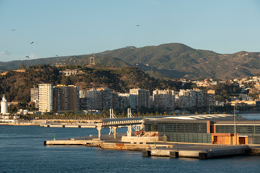 Malaga Andalusia Spain on November 5, 2023. View of the harbor of Malaga from a cruise ship moored on pier.
