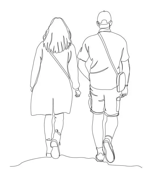 Vector illustration of Couple walking away. Woman wear long jacket and man in shorts and t-shirt. Rear view. Continuous line drawing. Black and white vector illustration in line art style.