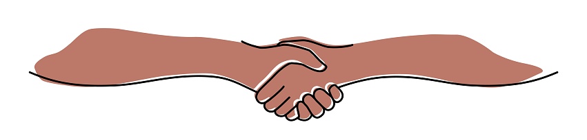 Handshake, agreement, introduction banner hand drawn with single line. Black people shake hands. Vector illustration isolated on white background
