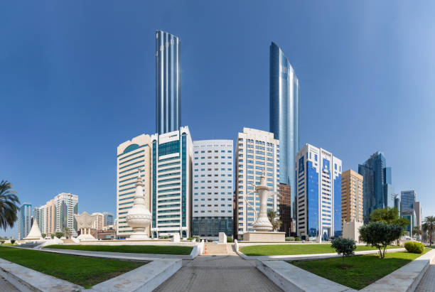 A picture of the buildings of the Al Danah district, including the World Trade Center Abu Dhabi, behind the Heritage Park.