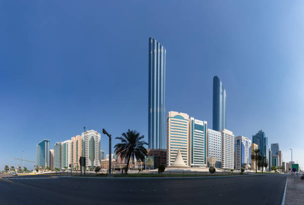 A picture of the buildings of the Al Danah district, including the World Trade Center Abu Dhabi, behind the Heritage Park.