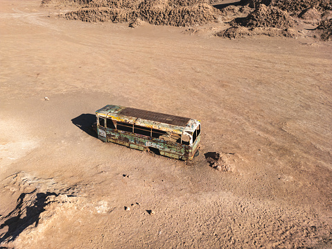 drone view on abandoned truck in vallecito valley in the Atacama desert