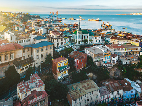 drone view over old town Valparaiso – Chile at late afternoon