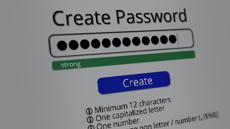 User create a strong password difficult to detect with password meter: weak, medium and strong on device screen. Typing in password field on computer interface page. Secure strong password concept.