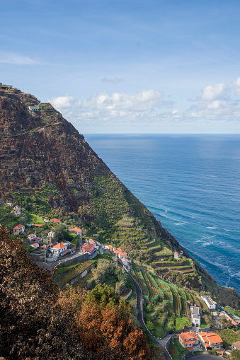 Porto Moniz Madeira Portugal  Porto Moniz is a mandatory stopover either for its natural beauty, the trails that cross the Laurissilva or the emblematic natural pools, as well as its important historical and cultural heritage. Aerial view from viewpoint.