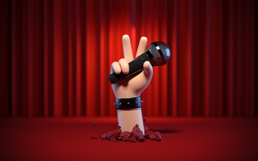 3d render, funny cartoon character elastic hand with mic. Broken floor on stage. Clip art isolated on red background