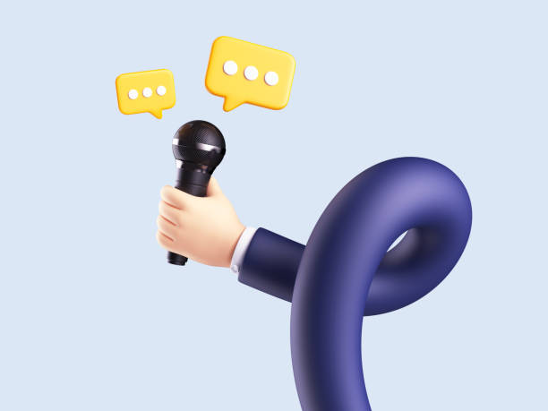 istock 3d render, funny cartoon character flexible hand with microphone, clipart isolated on white background. Journalist metaphor and interviewing 2148043515