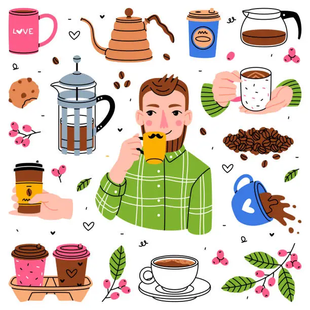 Vector illustration of Coffee Preparation with Man Enjoy Aromatic Drink in Cup Vector Set