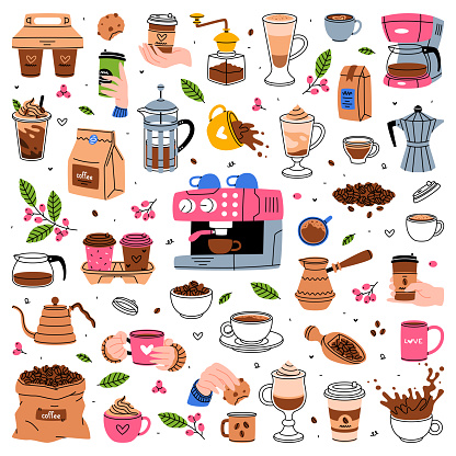 Coffee Aromatic Drink with Cup and Mug Vector Set. Tasty Brewed Caffeine Morning Beverage