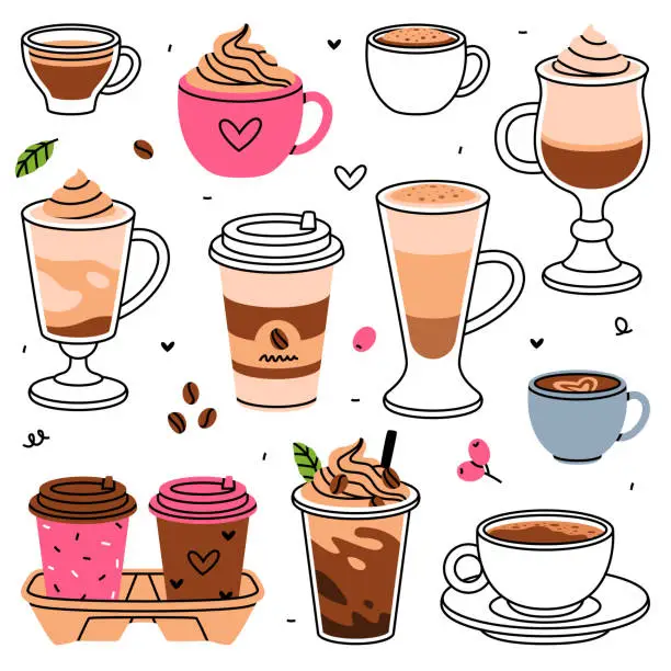 Vector illustration of Coffee Aromatic Drink in Cup and Mug with Milk and Cream Vector Set