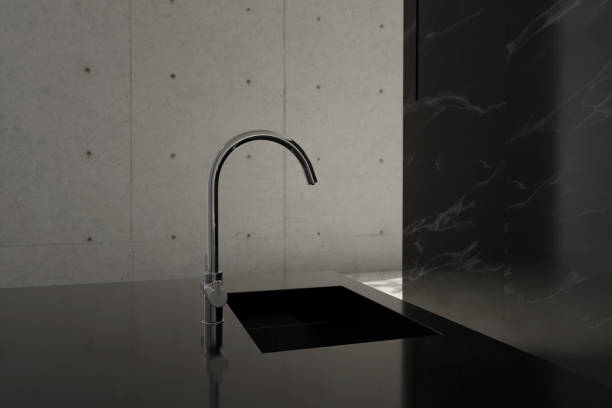 istock 3D rendering of kitchen tap on black reflective kitchen countertop 2148045560