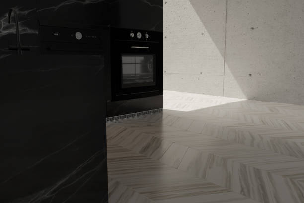 3D Rendering of modern black kitchen  in the evening sunlight