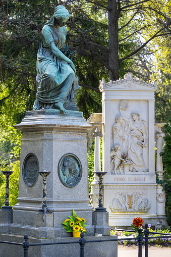 Memorial of Wolfgang Amadeus Mozart and grave of Franz Schubert at Vienna Central Cemetery, both unveiled in mid 19th century