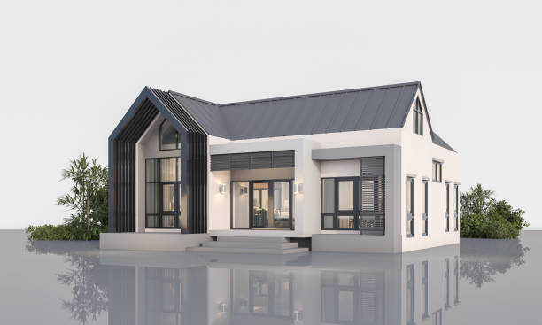 Architecture 3d rendering illustration of modern minimal house on white background