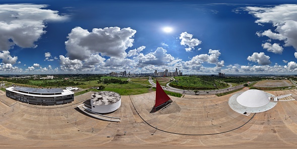360 aerial photo taken with drone of Cultural Center Oscar Niemeyer in Goiânia, Goiás, Brazil
