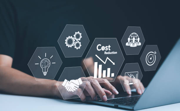 istock Cost reduction concept. Quality increase and cost optimization, Hands typing on a laptop with digital icons representing business efficiency and cost reduction. Effective business, Expense reduce, 2148046756