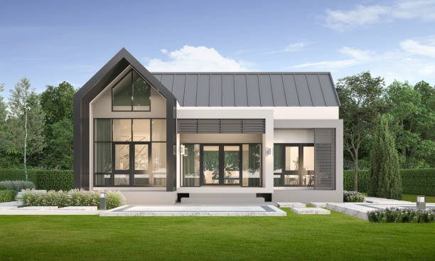 istock Modern house exterior day light with lawn grass.3d rendering 2148046952