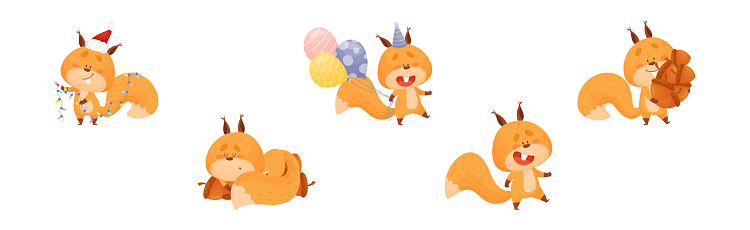 Cute Squirrel Character with Bushy Tail Engaged in Different Activity Vector Set. Funny Forest Animal with Pretty Snout