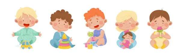 Vector illustration of Cute Toddler Children Playing With Different Toys Vector Set