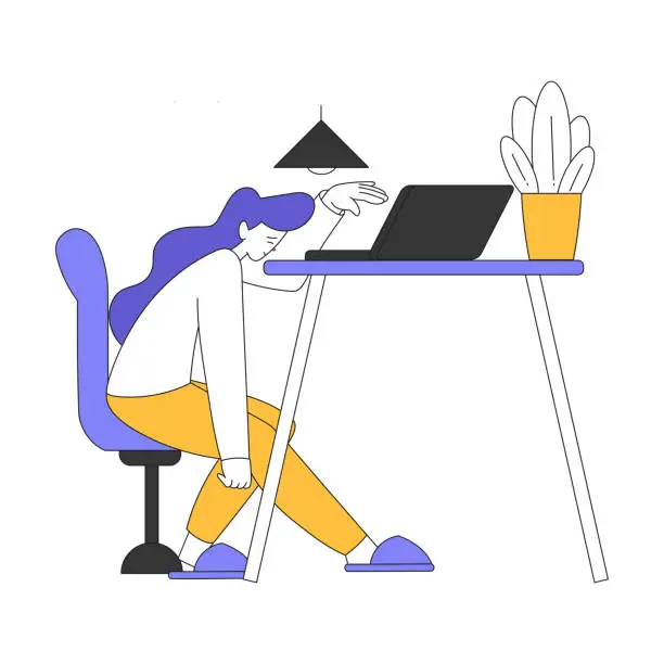 Vector illustration of Teleworking with Young Tired Woman Sitting at Desk Vector Illustration