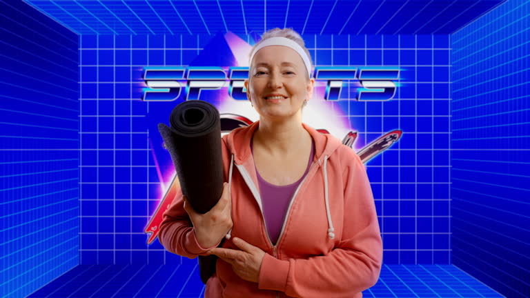Smiling middle-aged woman holding fitness mat on retro 80s sports background