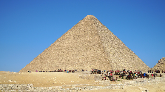 Cairo, Egypt - February 1, 2024: Great Pyramid of Giza. The Tomb of Pharaoh Khufu (Cheops).