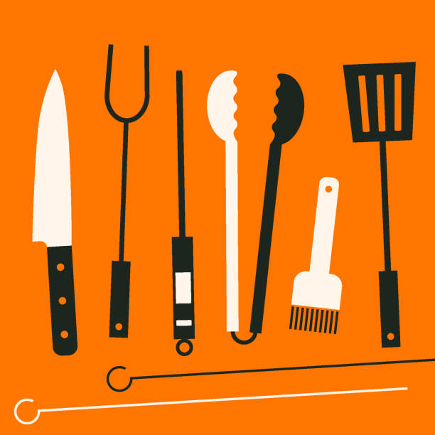 Grill barbecue tools. BBQ tool set grill accessories. Grilling utensils, knife, thermometer, tongs, brush, spatula, fork for barbecue food cooking. Flat, geometric style. Barbecue party. BBQ time
