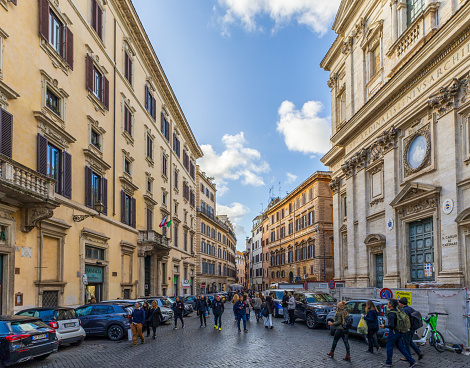 Rome, Italy - March 2, 2024: Crowdy street Via dei Giubbonari in Rome, Italy