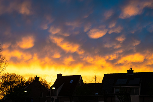 Vividly coloured mammatus clouds at sunset after the passage of a thunderstorm.