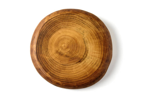 istock Brown round wooden stand board isolated on white background 2148050696