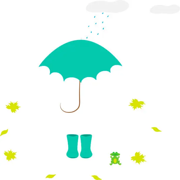 Vector illustration of Turquoise rubber boots, turquoise umbrella, rain, clouds, falling leaves, green frog. Wallpaper, background, printing on paper or textiles.