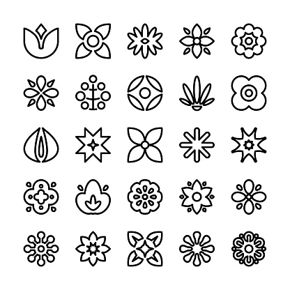 Monochrome abstract flowerhead icon set. Simple outlined flower icons. Set of simple flower graphic shapes isolated on white background.