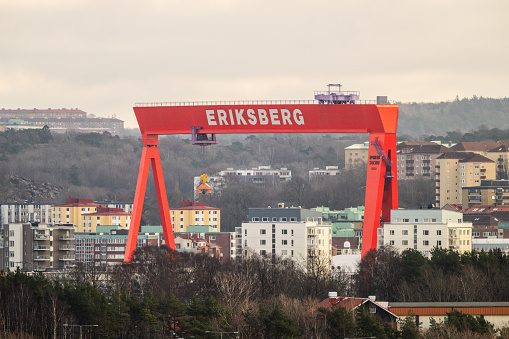 Gothenburg, Sweden - February 20 2024: Eriksberg gantry crane viewed from a distance.