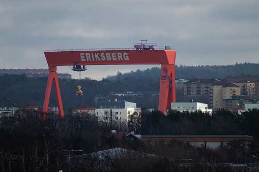 Gothenburg, Sweden - February 20 2024: Eriksberg gantry crane viewed from a distance.