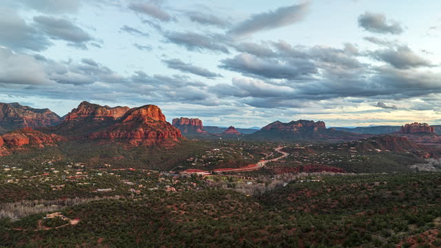 Panoramic View Of Sedona Landscape At Sunset from Airport Vortex In Arizona, USA. drone shot, hyperlapse