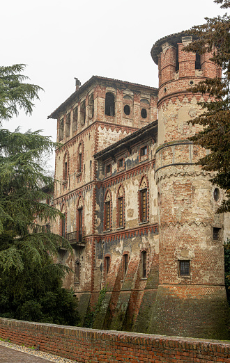 Alessandria, Italy - February, 27, 2024: Castle of Piovera in the hills of Monferrato, near the city of Alessandria, Italy