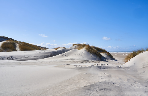 Windy desert sand dune in Denmark. Small streams of sand shows how much the dunes move. Beautiful cloudy sky.