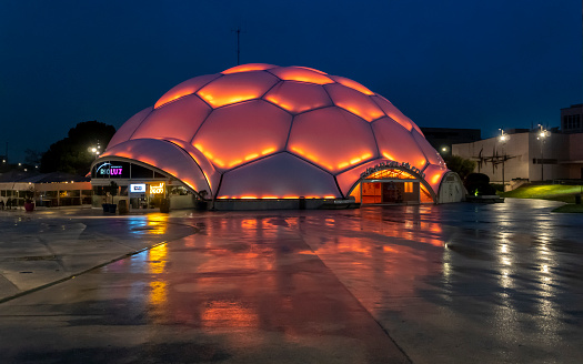 Illuminated Millennium Dome on a rainy day in Valladolid, Spain
