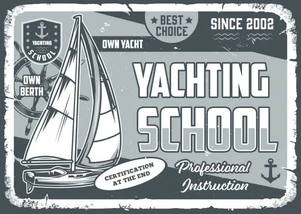 Vector illustration of Yachting school monochrome vintage flyer